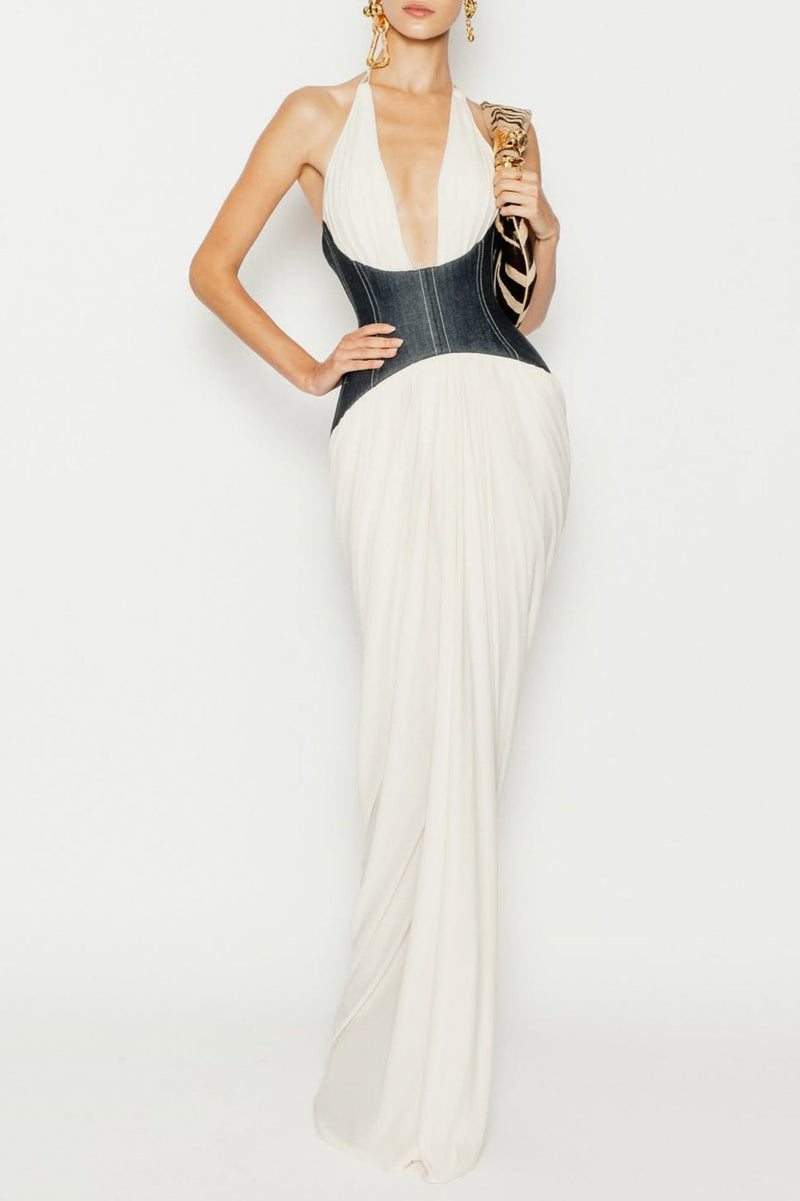 Daryle Halter Denim Corset Ruched Maxi Dress