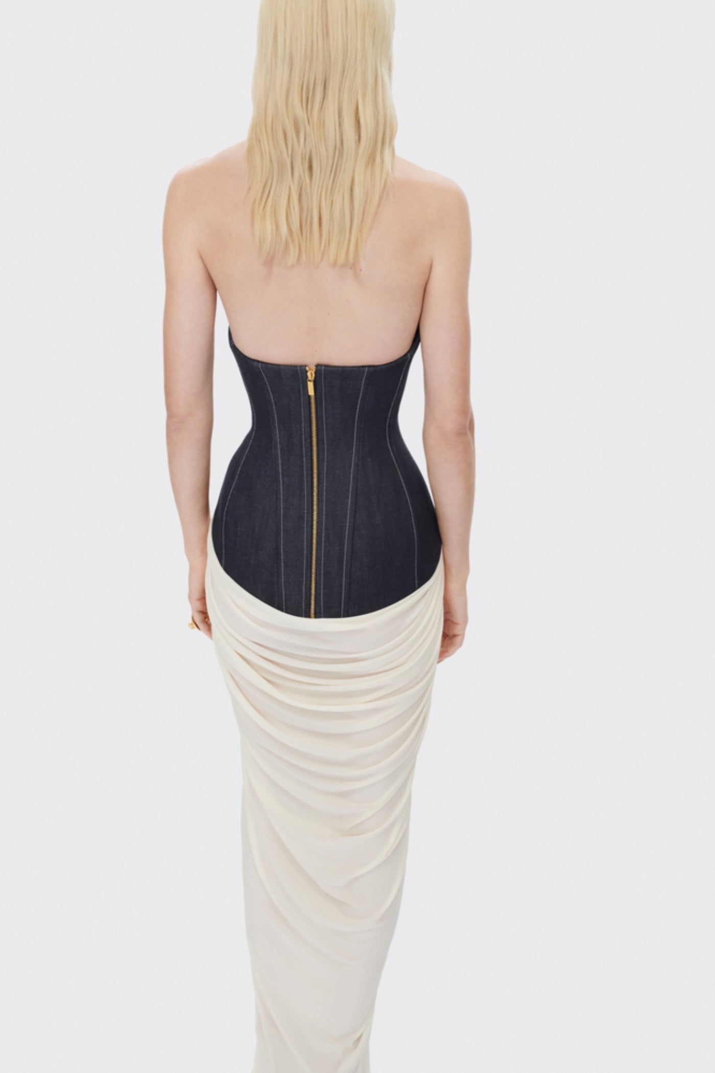 Daryle Halter Denim Corset Ruched Maxi Dress