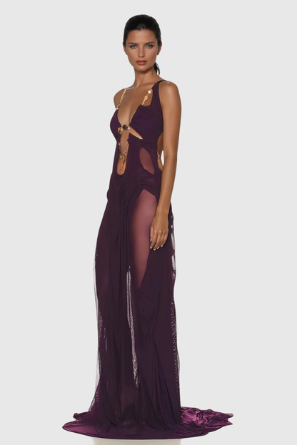 Davis Plunge Chain Asymmetric Maxi Dress in Deep Purple