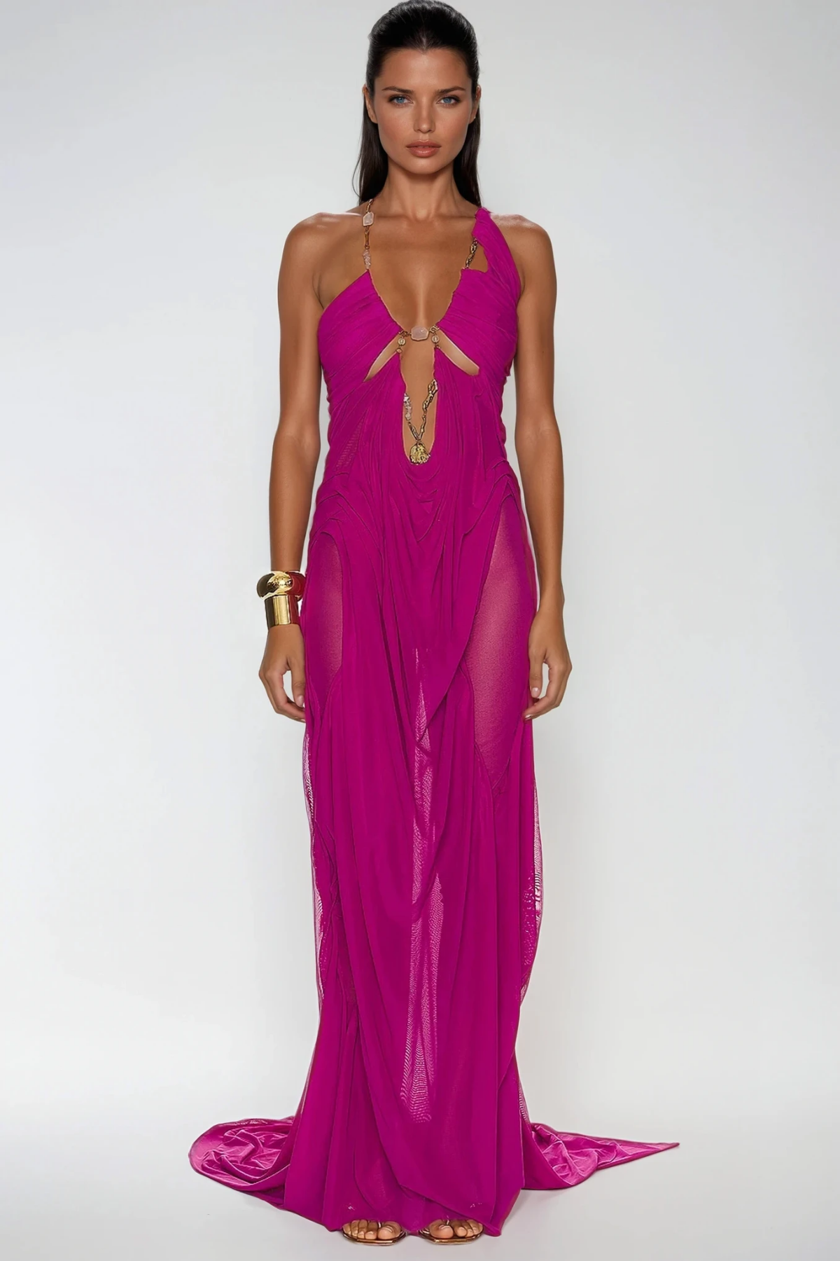 Davis Plunge Chain Asymmetric Maxi Dress in Purple
