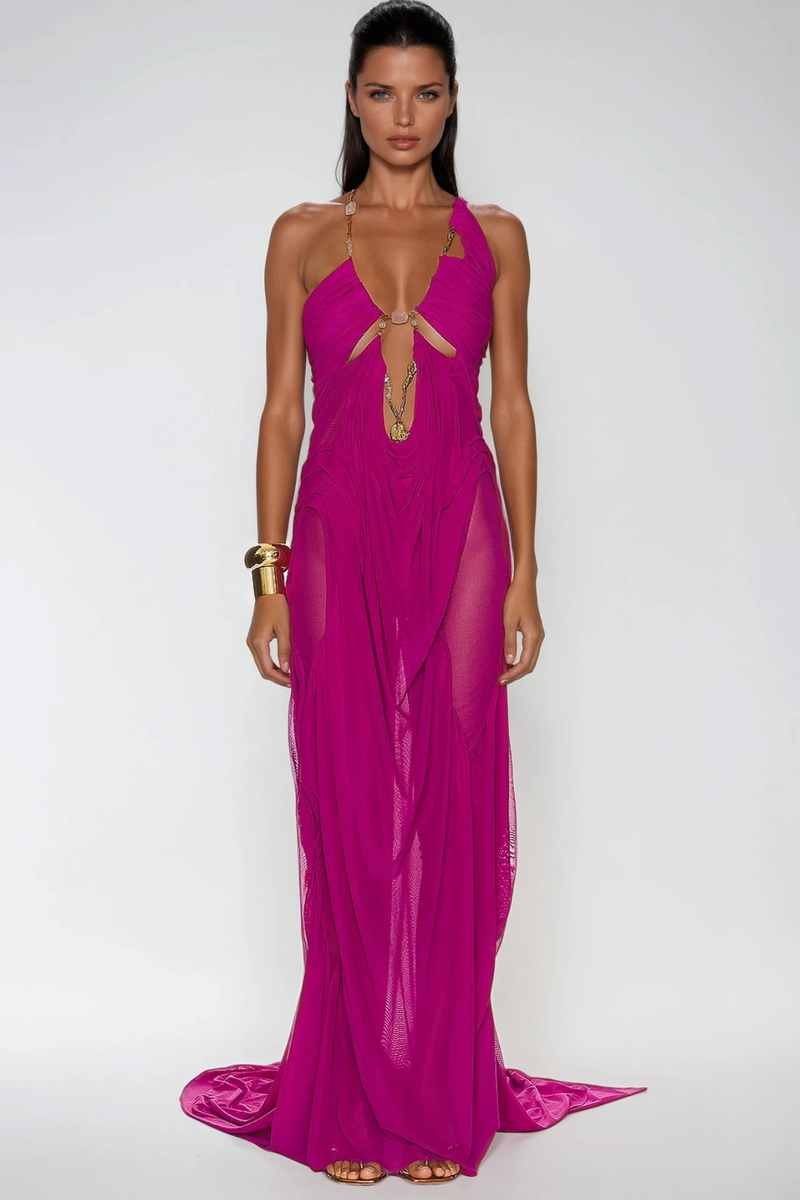 Davis Plunge Chain Asymmetric Maxi Dress in Purple