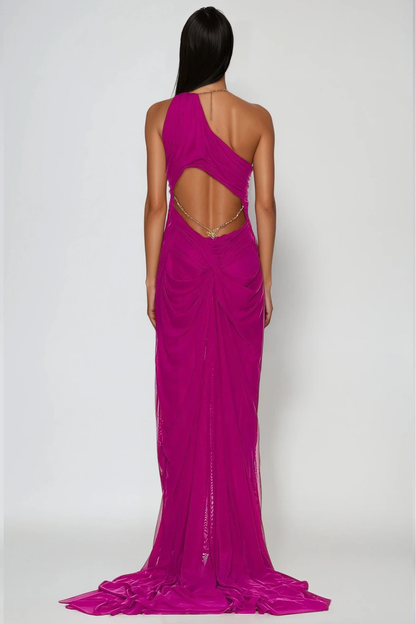 Davis Plunge Chain Asymmetric Maxi Dress in Purple