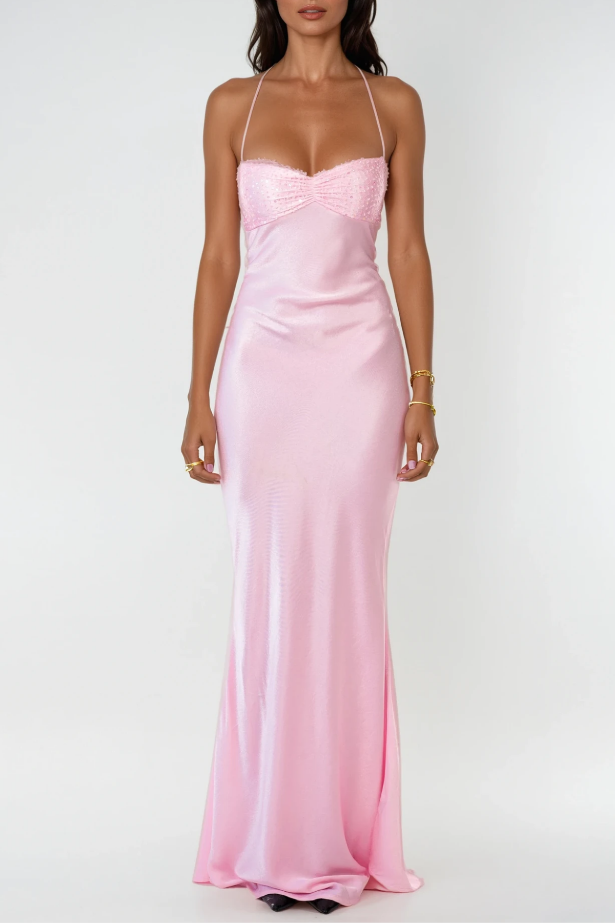 Davlat Halter Neck Sequin Satin Maxi Dress in Pink