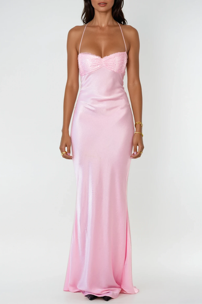 Davlat Halter Neck Sequin Satin Maxi Dress in Pink
