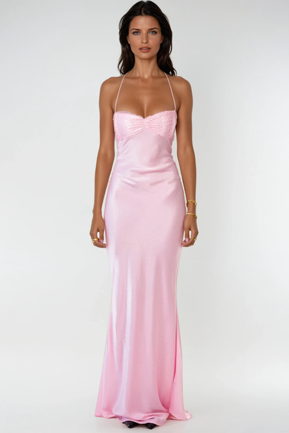 Davlat Halter Neck Sequin Satin Maxi Dress in Pink