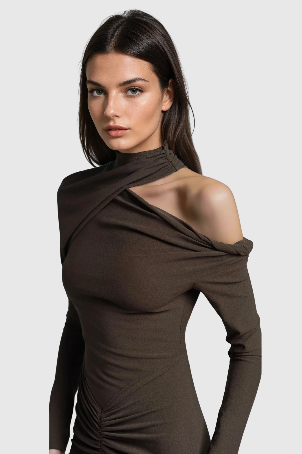 Daw Cutout Ruch Asymmetric Maxi Dress in Brown