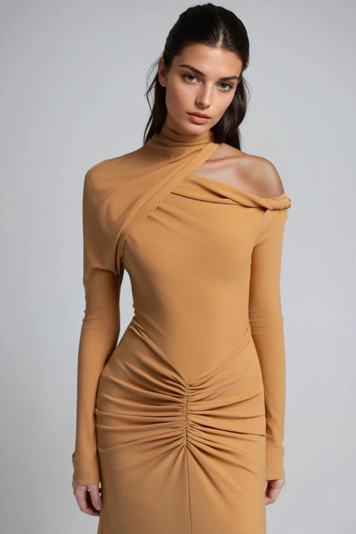 Daw Cutout Ruch Asymmetric Maxi Dress in Khaki