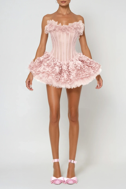 Daxton Corset Flower Puffy Mini Dress in Pink