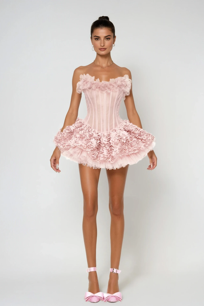Daxton Corset Flower Puffy Mini Dress in Pink