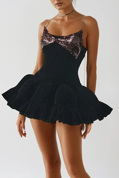 Dayna Spaghetti Sequin Puffy Mini Dress in Black