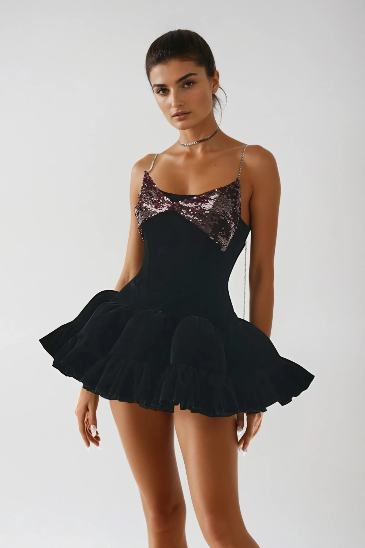 Dayna Spaghetti Sequin Puffy Mini Dress in Black