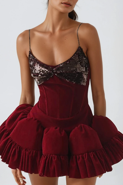 Dayna Spaghetti Sequin Puffy Mini Dress in Red