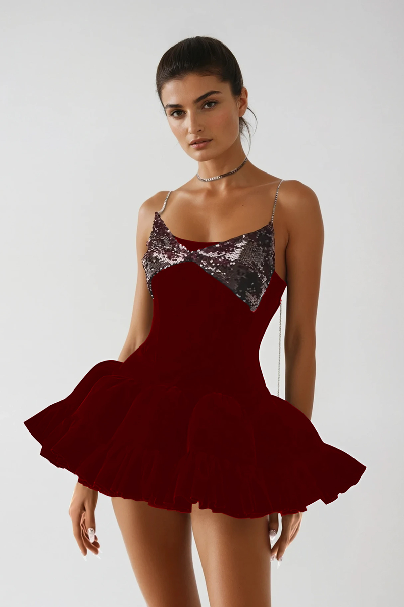 Dayna Spaghetti Sequin Puffy Mini Dress in Red