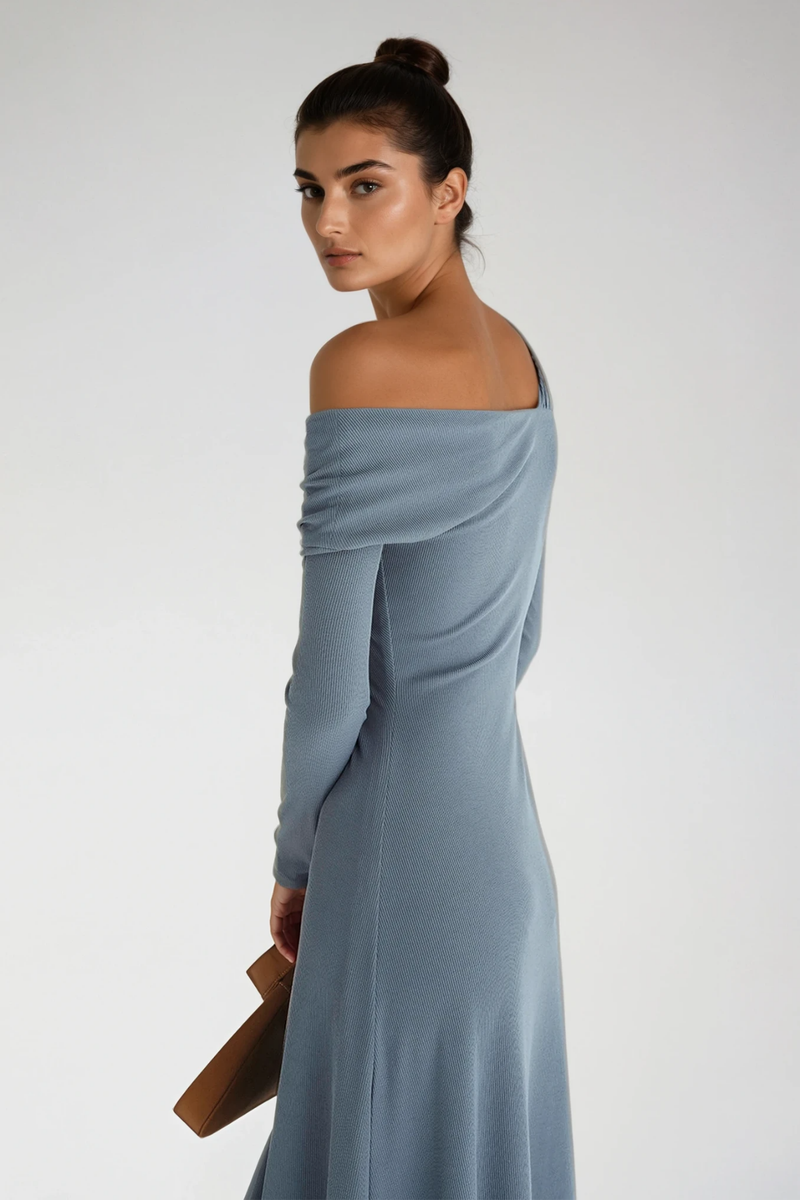 Deangelo One Shoulder Asymmetric Ruch Maxi Dress in Blue