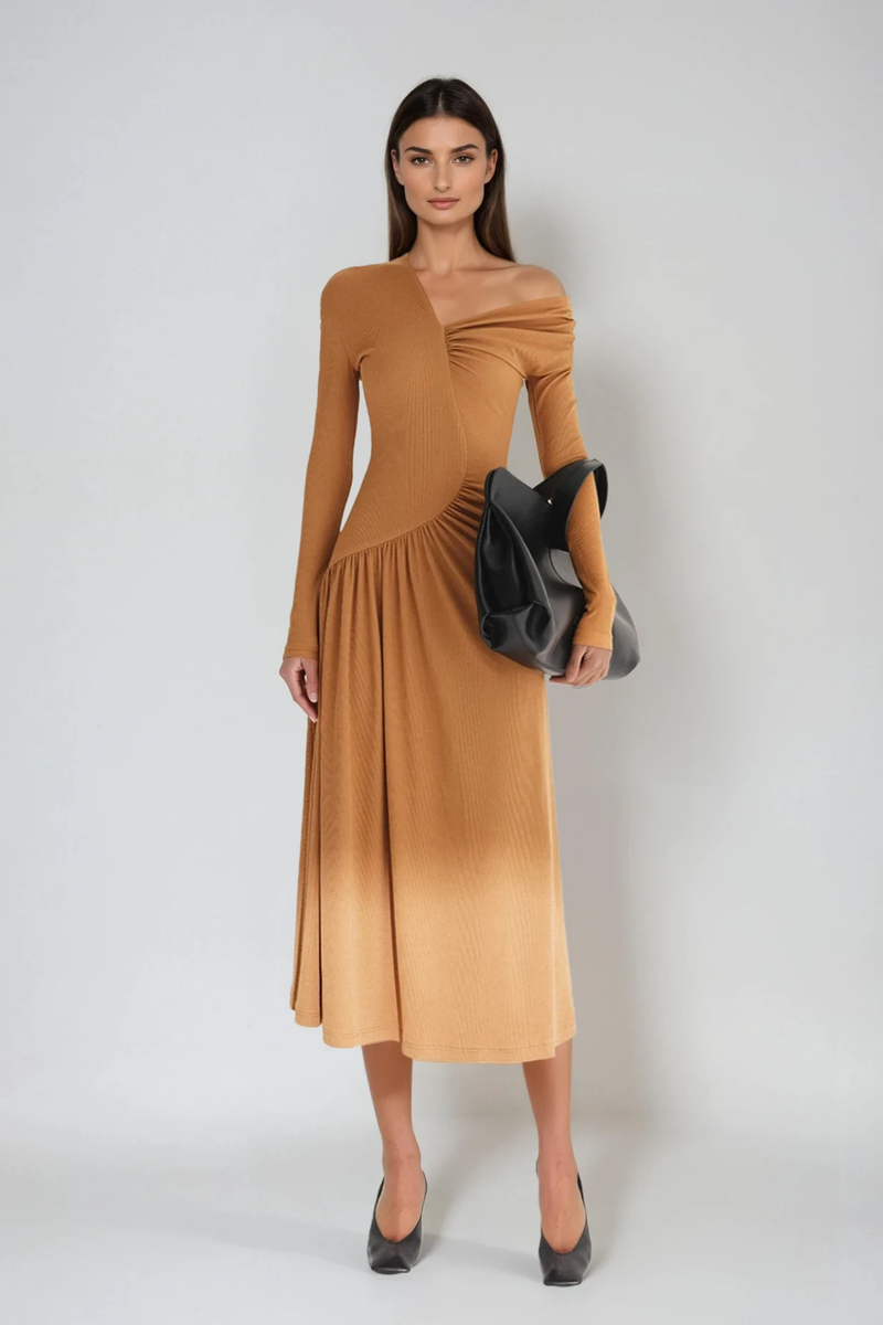 Deangelo One Shoulder Asymmetric Ruch Maxi Dress in Khaki