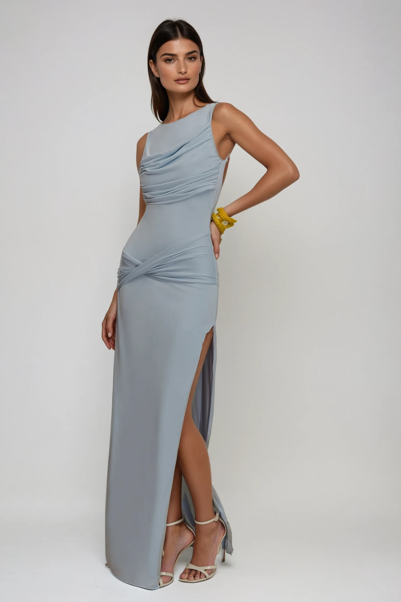 Deanne Sleeveless High Split Maxi Dress in Blue