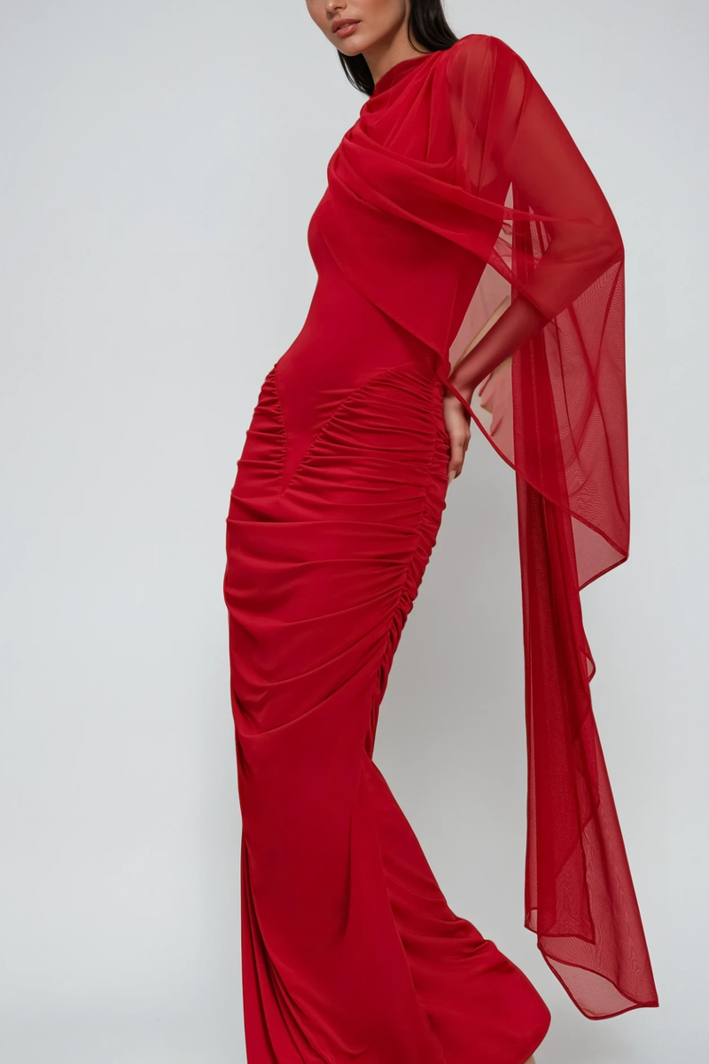 Deb Ruch Mesh Shawl Maxi Dress in Red