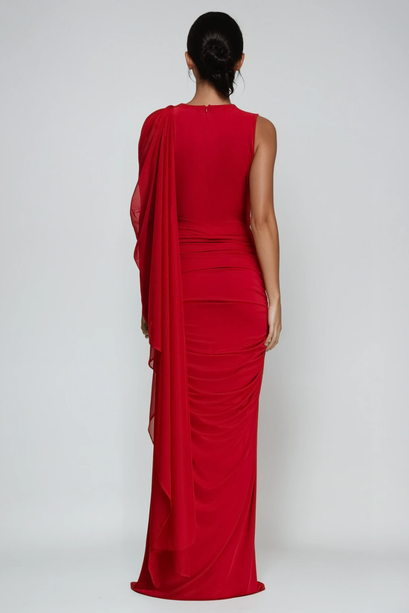 Deb Ruch Mesh Shawl Maxi Dress in Red