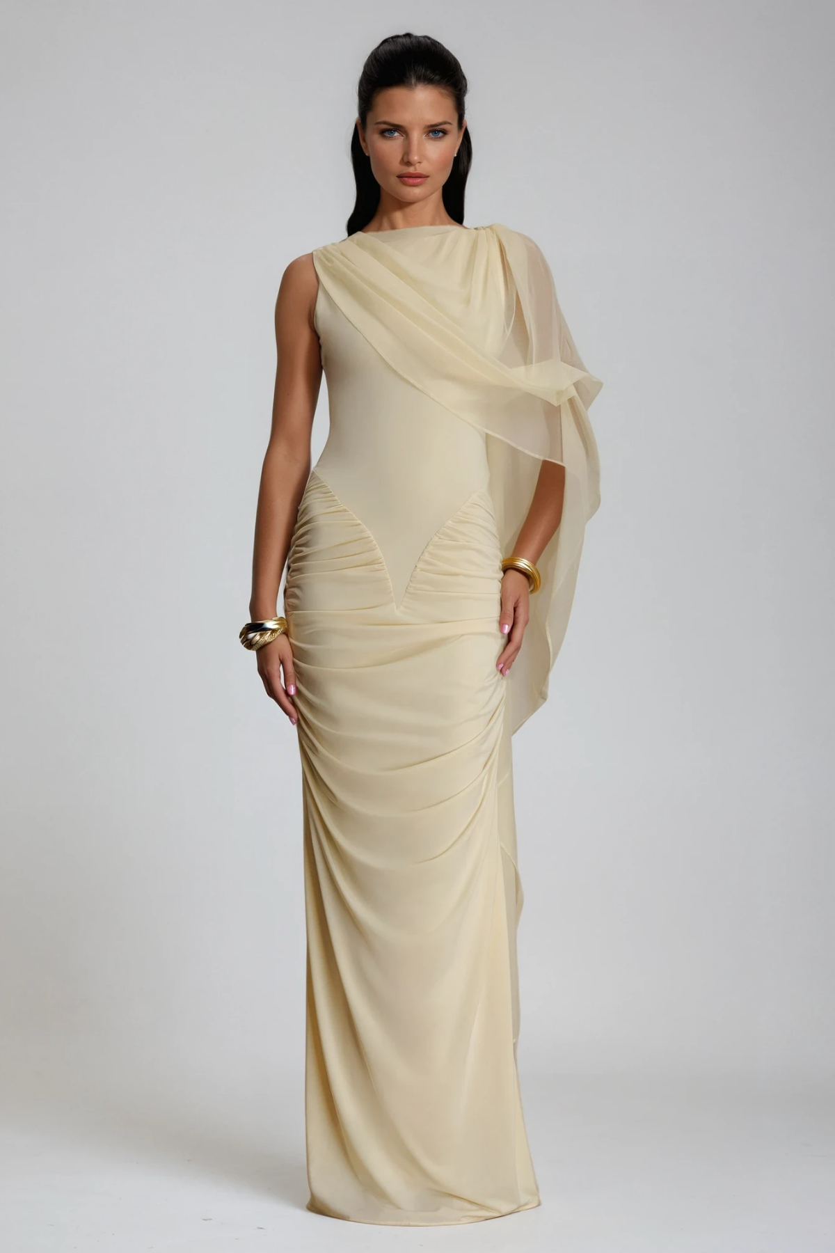 Deb Ruch Mesh Shawl Maxi Dress in Yellow