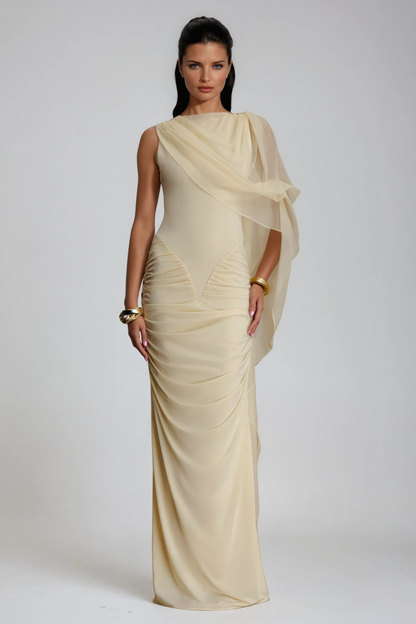 Deb Ruch Mesh Shawl Maxi Dress in Yellow
