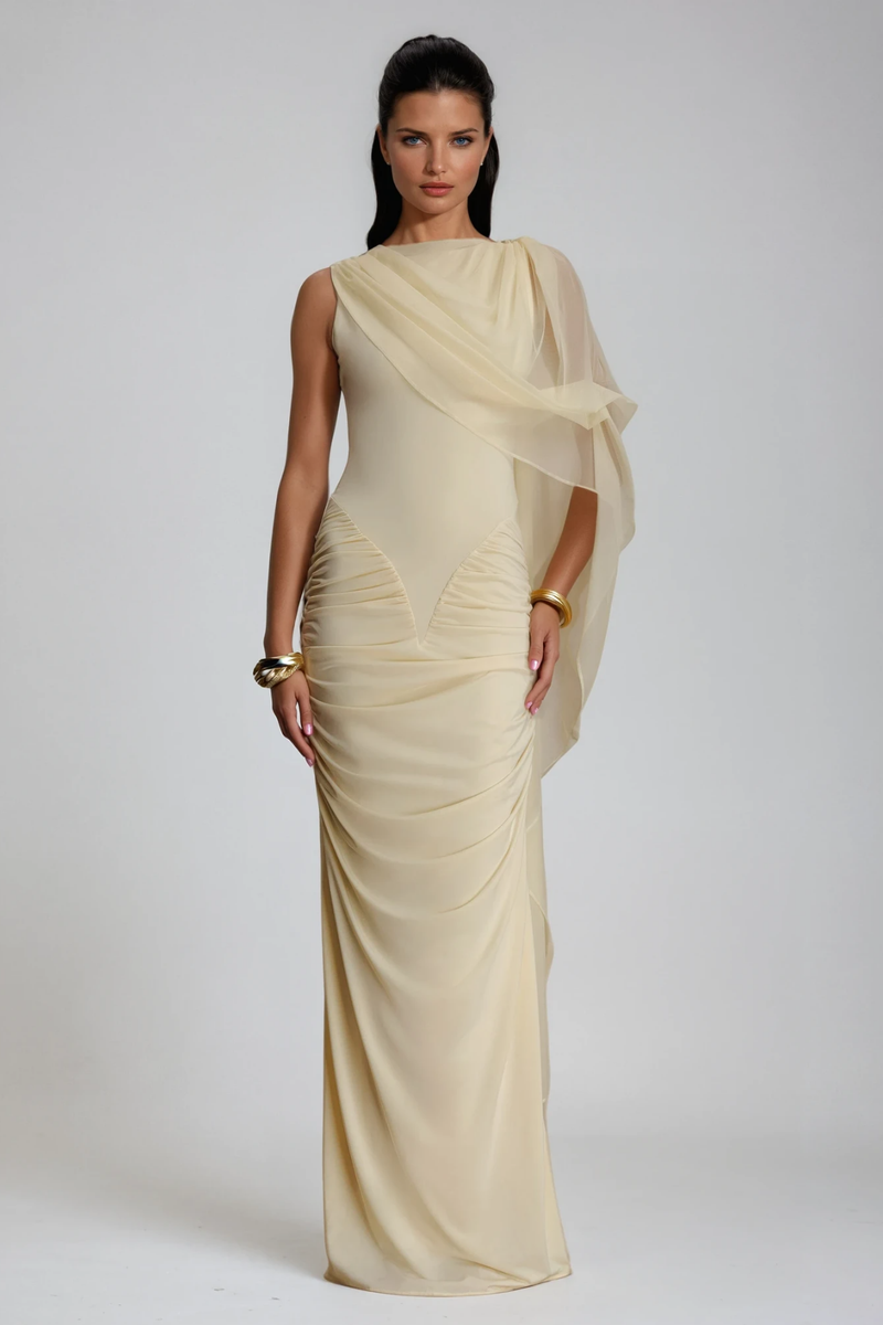 Deb Ruch Mesh Shawl Maxi Dress in Yellow