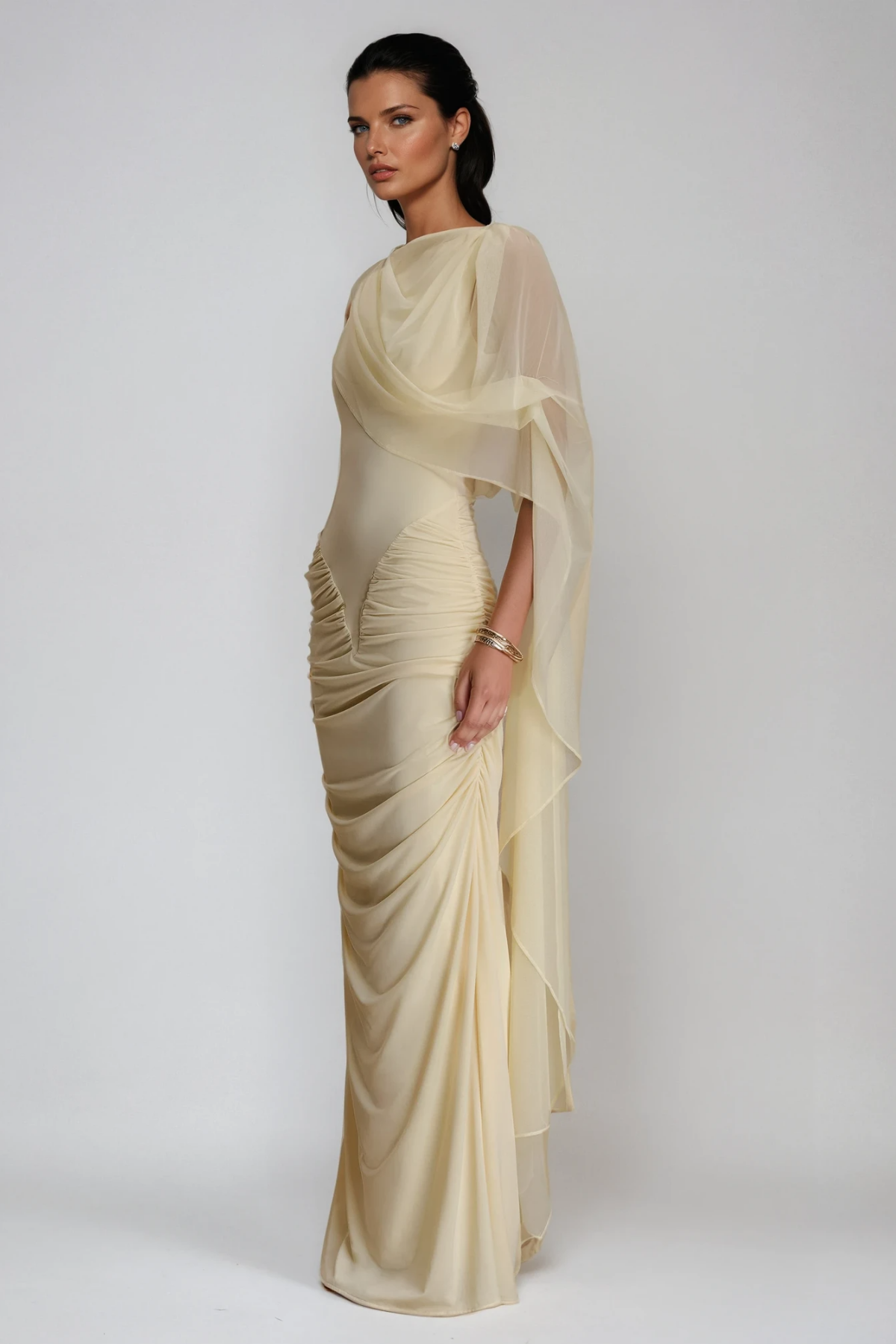 Deb Ruch Mesh Shawl Maxi Dress in Yellow
