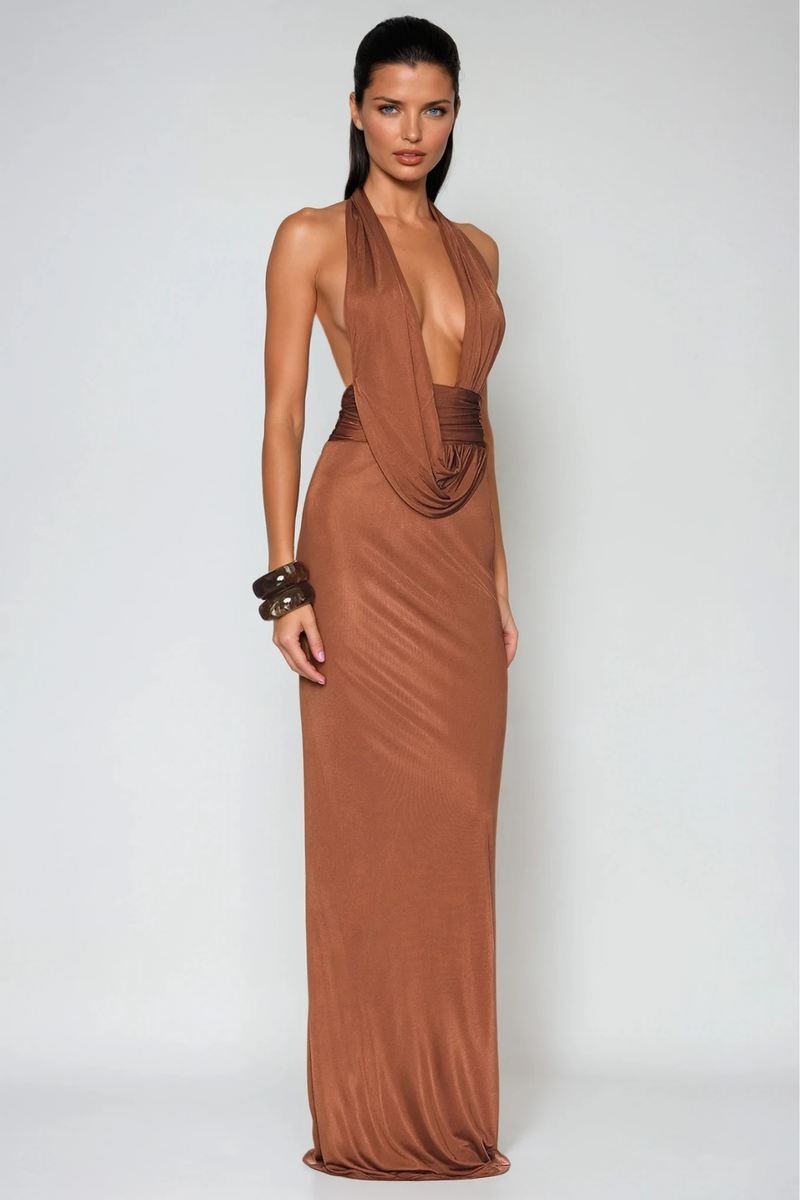 Debra Plunge Backless Ruch Maxi Dress