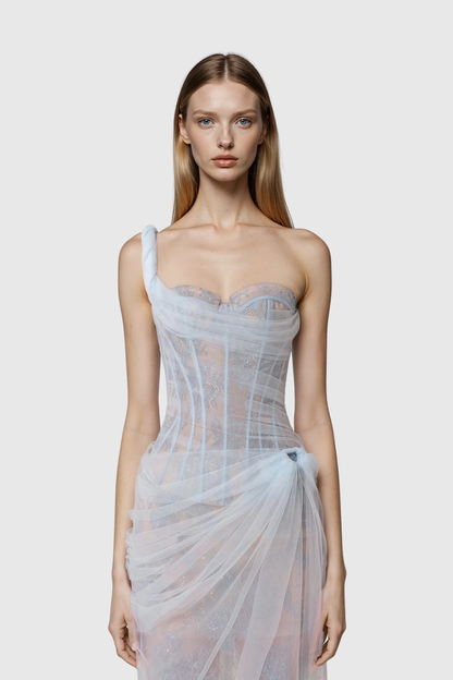 Dechen One Shoulder Corset Mesh Maxi Dress in Blue