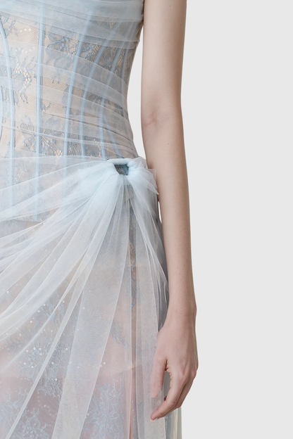 Dechen One Shoulder Corset Mesh Maxi Dress in Blue