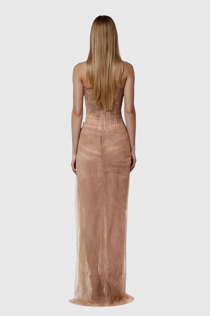 Dechen One Shoulder Corset Mesh Maxi Dress in Brown