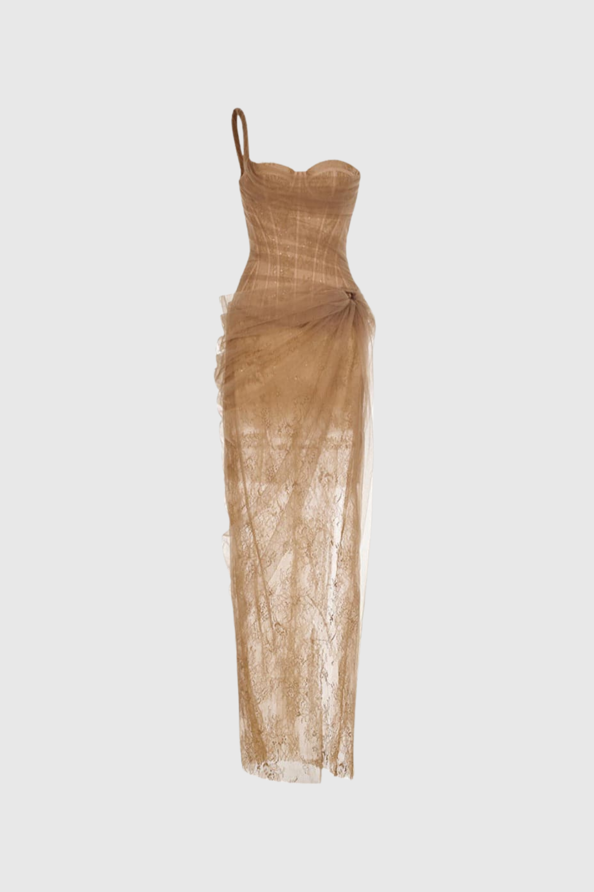 Dechen One Shoulder Corset Mesh Maxi Dress in Brown