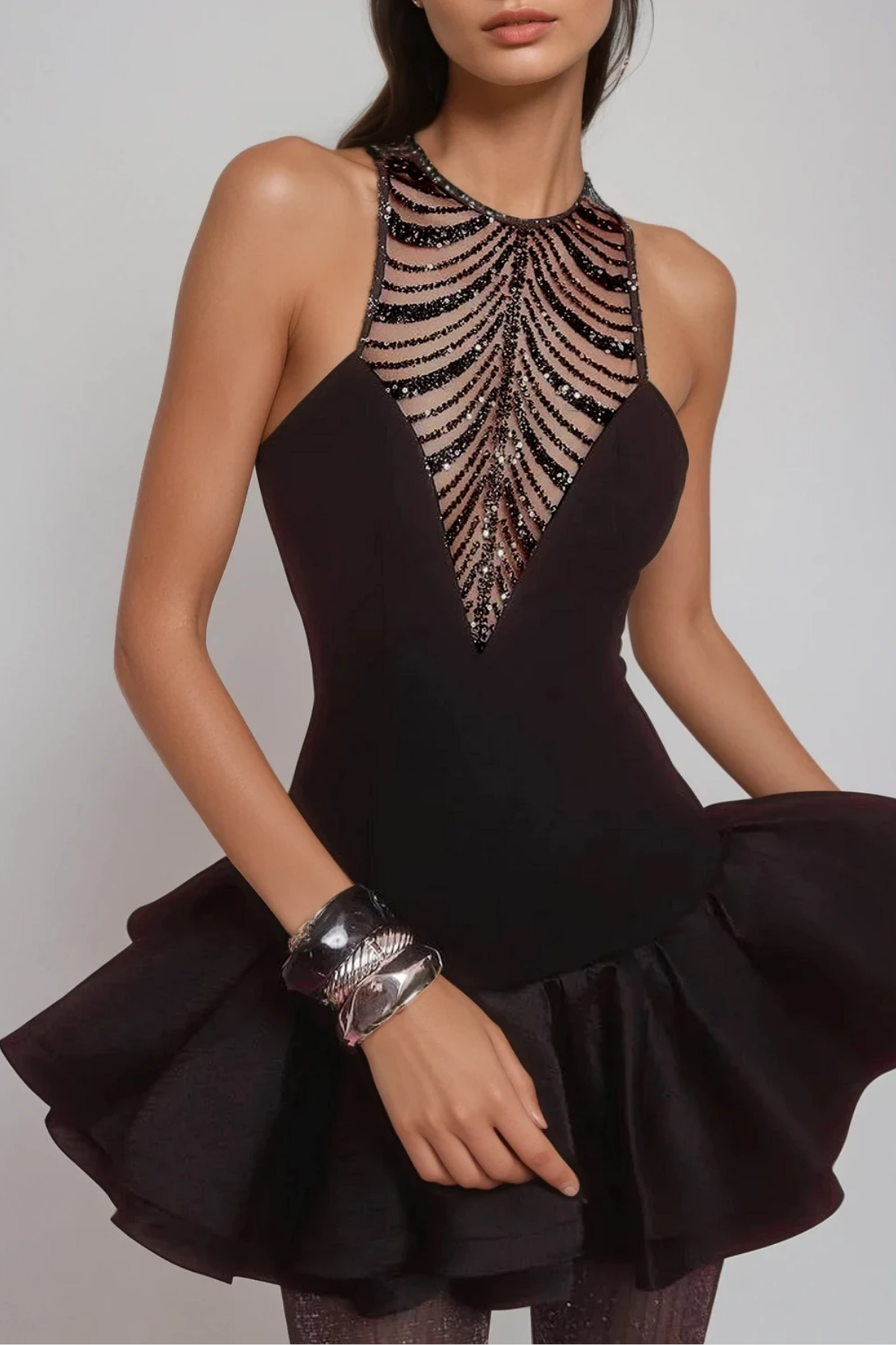 Decima Sequin Cutout Puffy Mini Dress