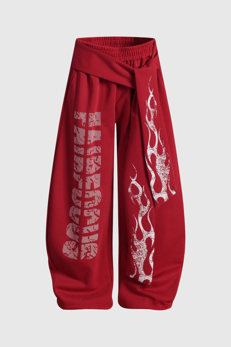 Deedee Tie Up Print Baggy Pants in Red