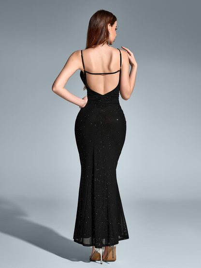 Deep V-neck Backless Mermaid Mesh Sequin Dress