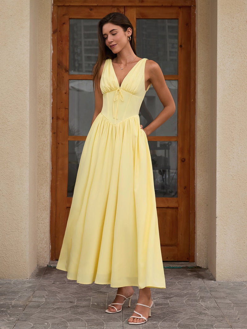 Deep V-neck Bow Tie Ruched Corset Dress With Pockets
