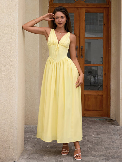 Deep V-neck Bow Tie Ruched Corset Dress With Pockets