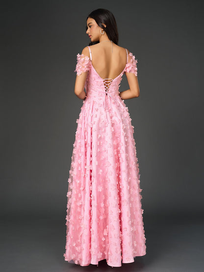 Deep V-neck Crisscross Back Applique Decoration Prom Dress
