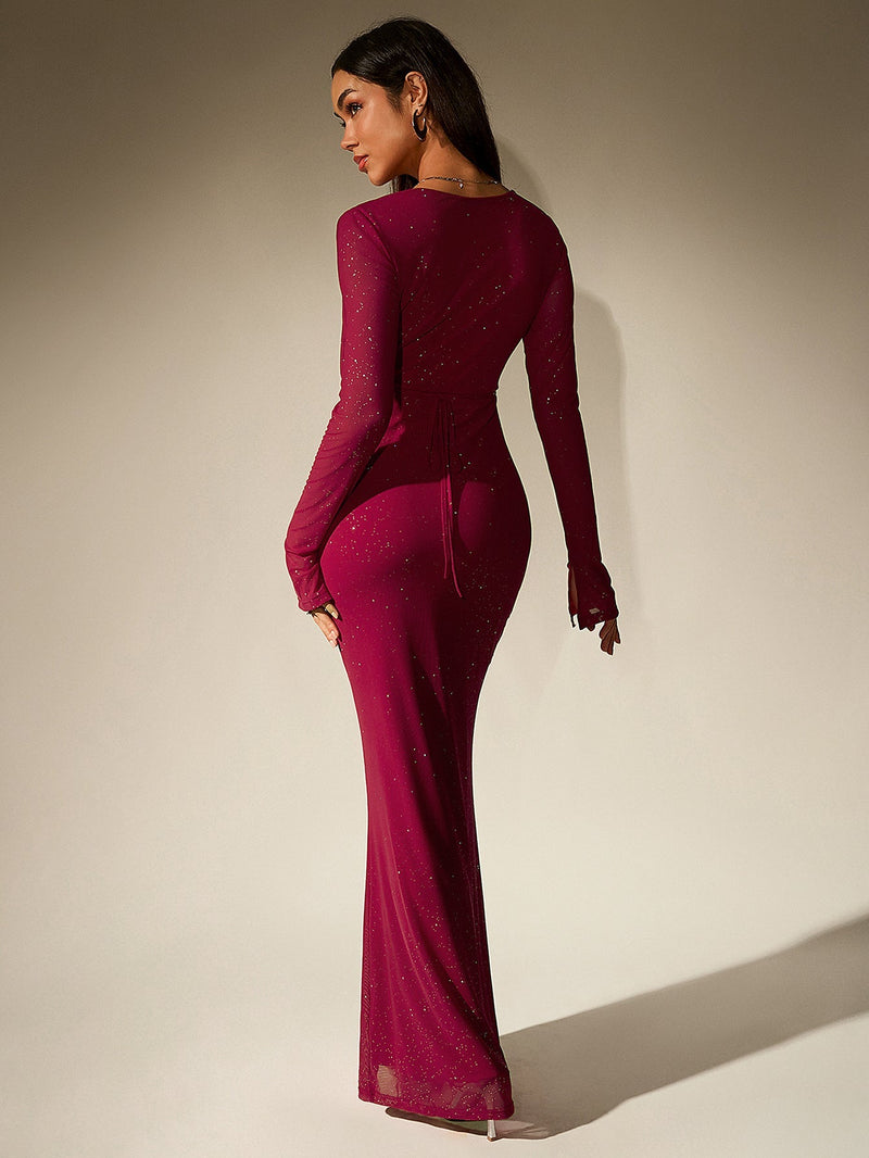 Deep V-neck Crisscross Tie Front Glitter Bodycon Dress