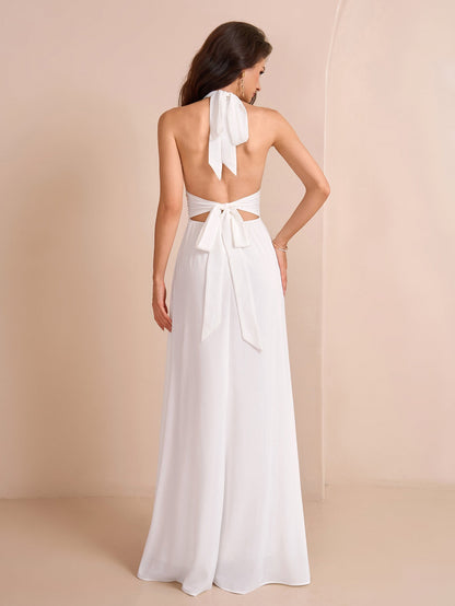 Deep V-neck Halter Bow Tie Back Split Thigh Long Dress