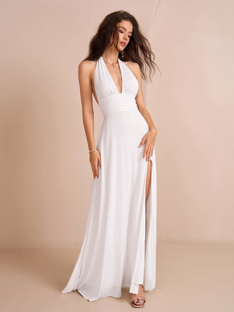 Deep V-neck Halter Bow Tie Back Split Thigh Long Dress