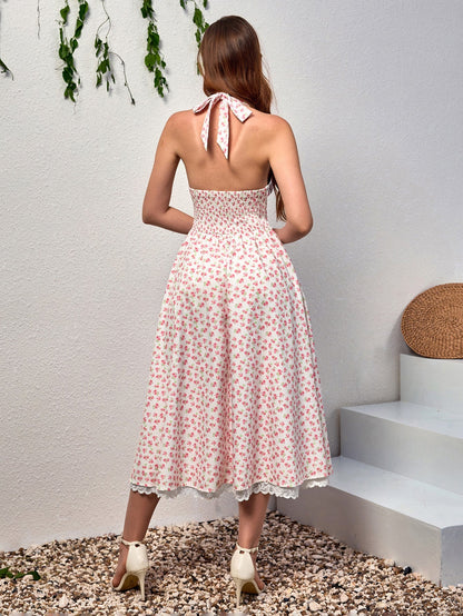 Deep V-neck Halter Lace Spliced Dress