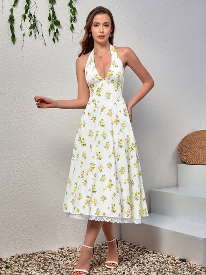 Deep V-neck Halter Lace Spliced Dress