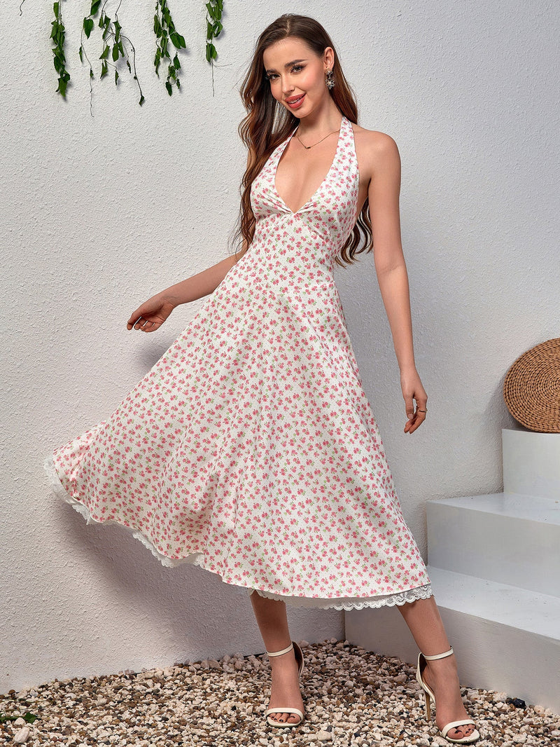 Deep V-neck Halter Lace Spliced Dress