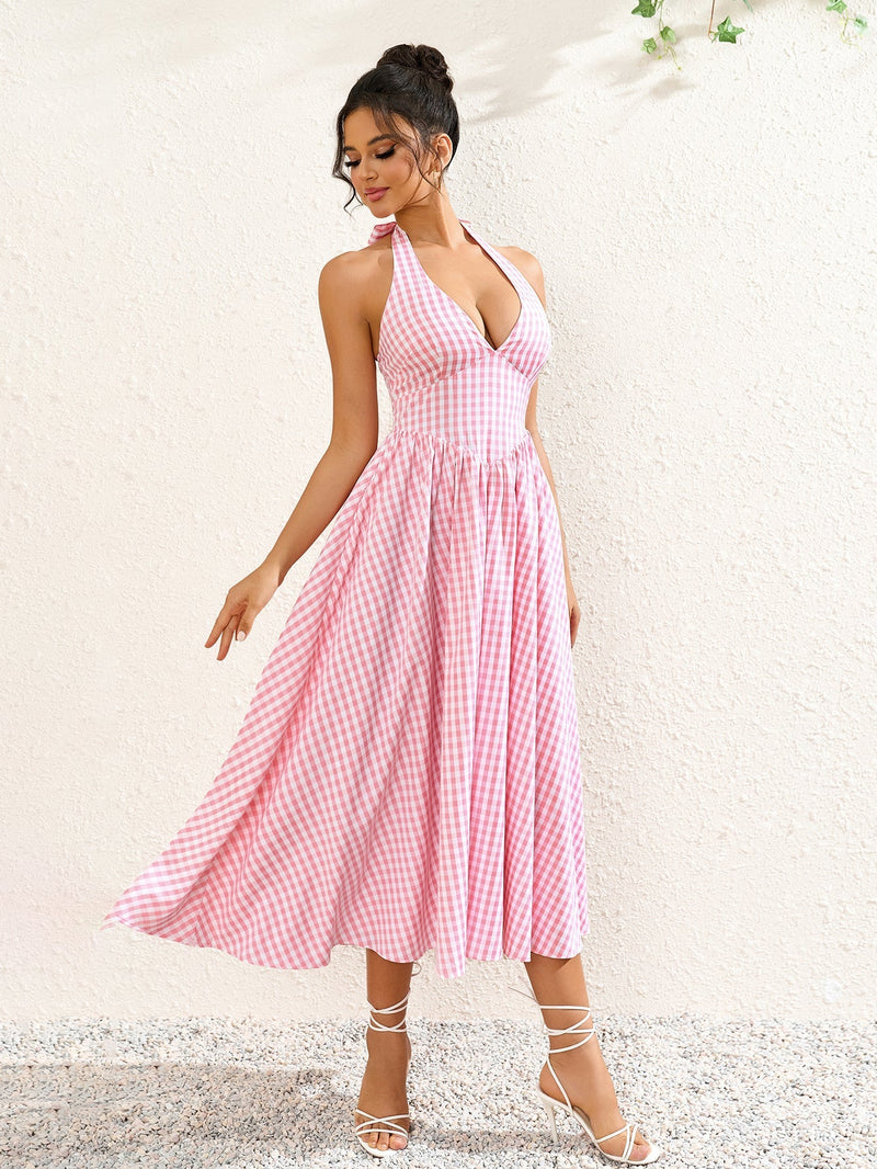 Deep V-neck Halter Plaid Print Dress