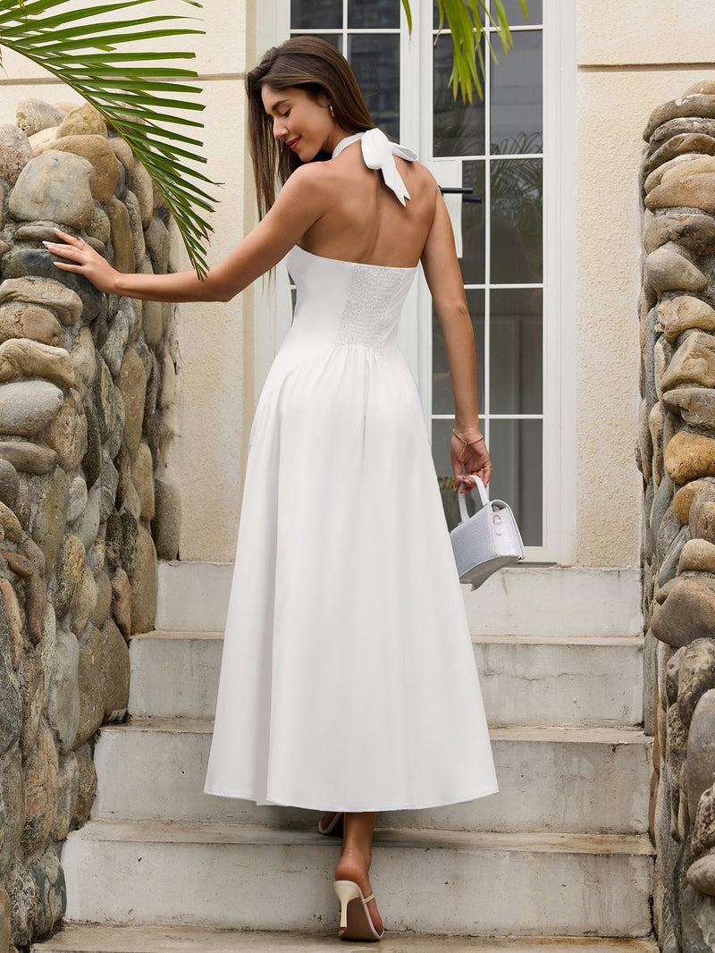Deep V-neck Halter Ruched Back Dress