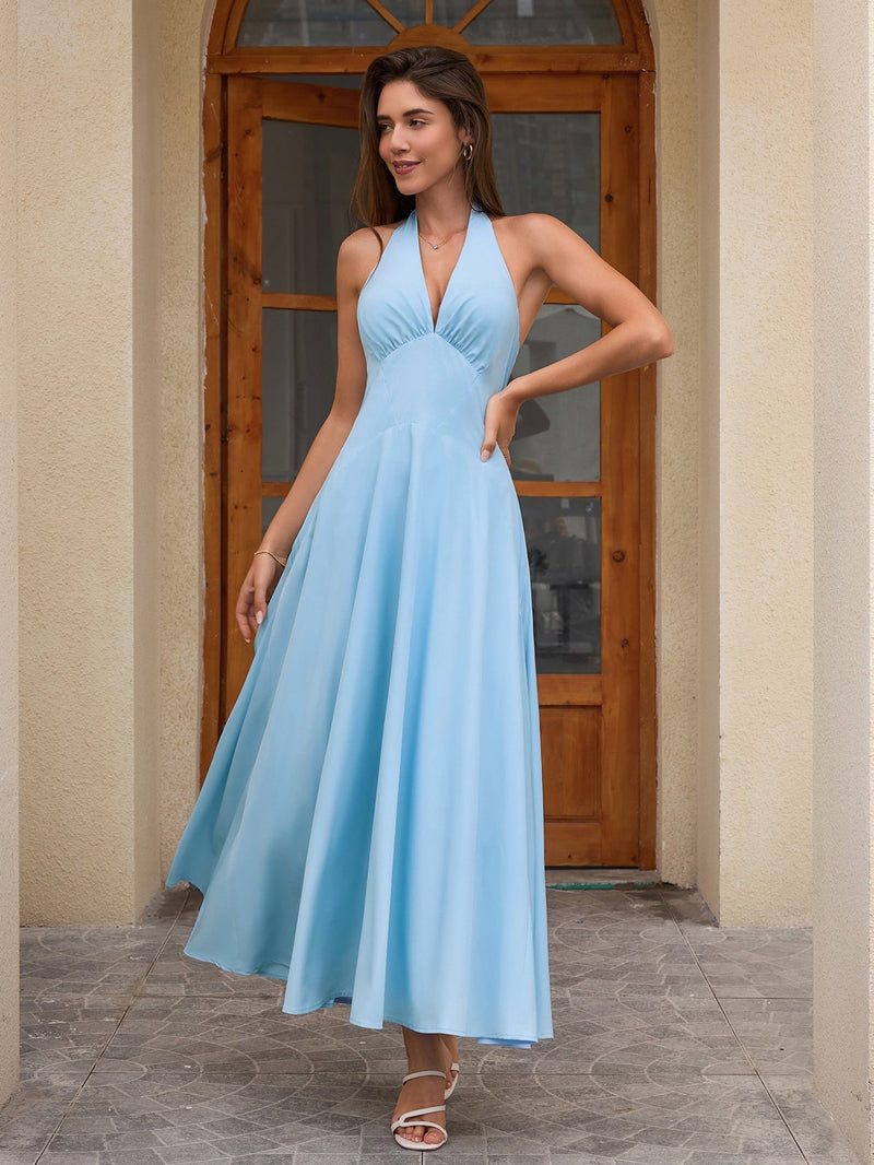 Deep V-neck Halter Ruched Back Dress