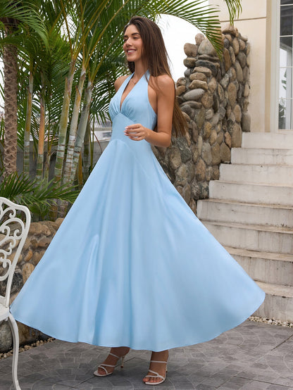 Deep V-neck Halter Ruched Back Dress