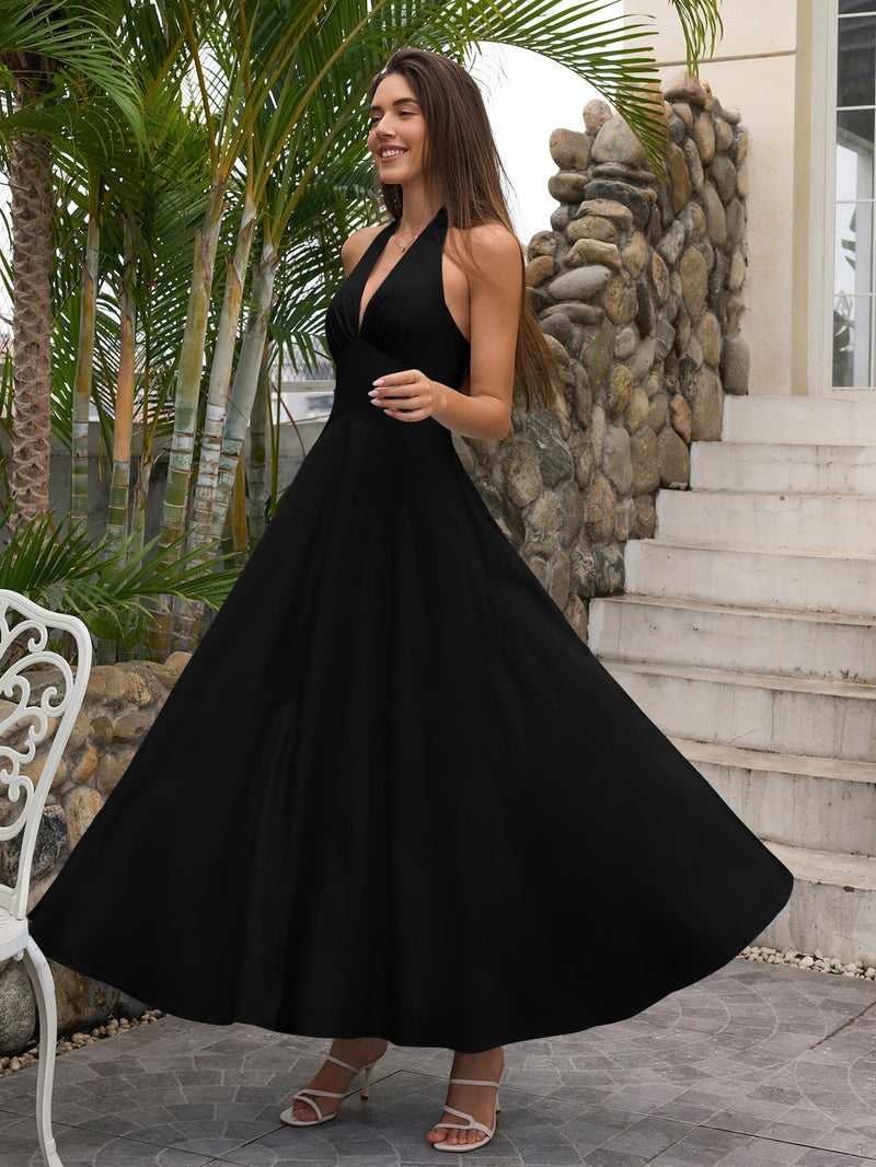 Deep V-neck Halter Ruched Back Dress