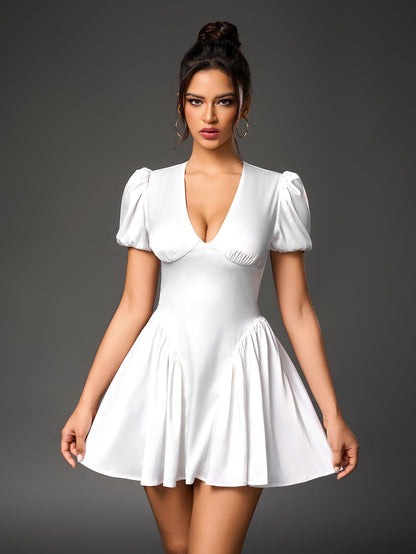 Deep V-neck Puff Sleeve Pleated Satin Dress