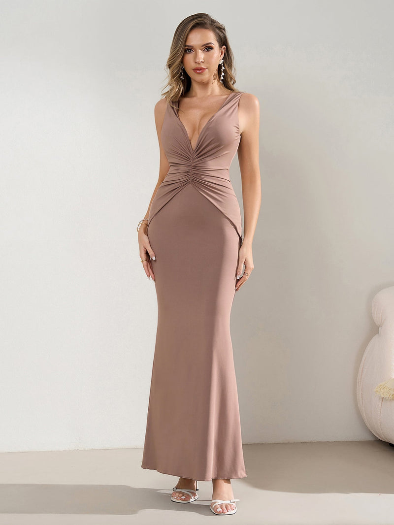 Deep V-neck Ruched Waist Tie Backless Bodycon Dress